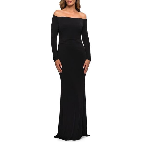 La Femme Black Witchy Off the Shoulder Long Sleeve Jersey Gown Sz 8 $345 NWOT - Picture 1 of 4